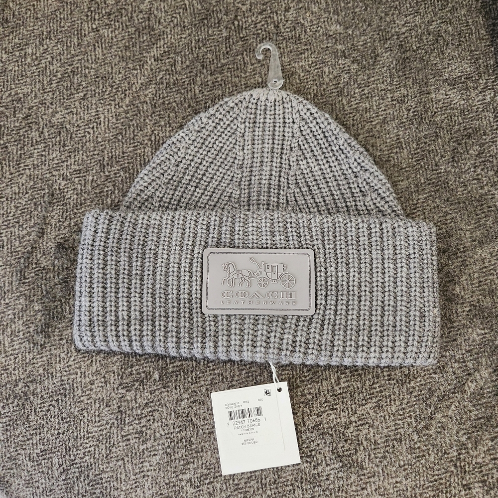 COACH Gray Ribbed Knit Beanie Toque with Logo Patch